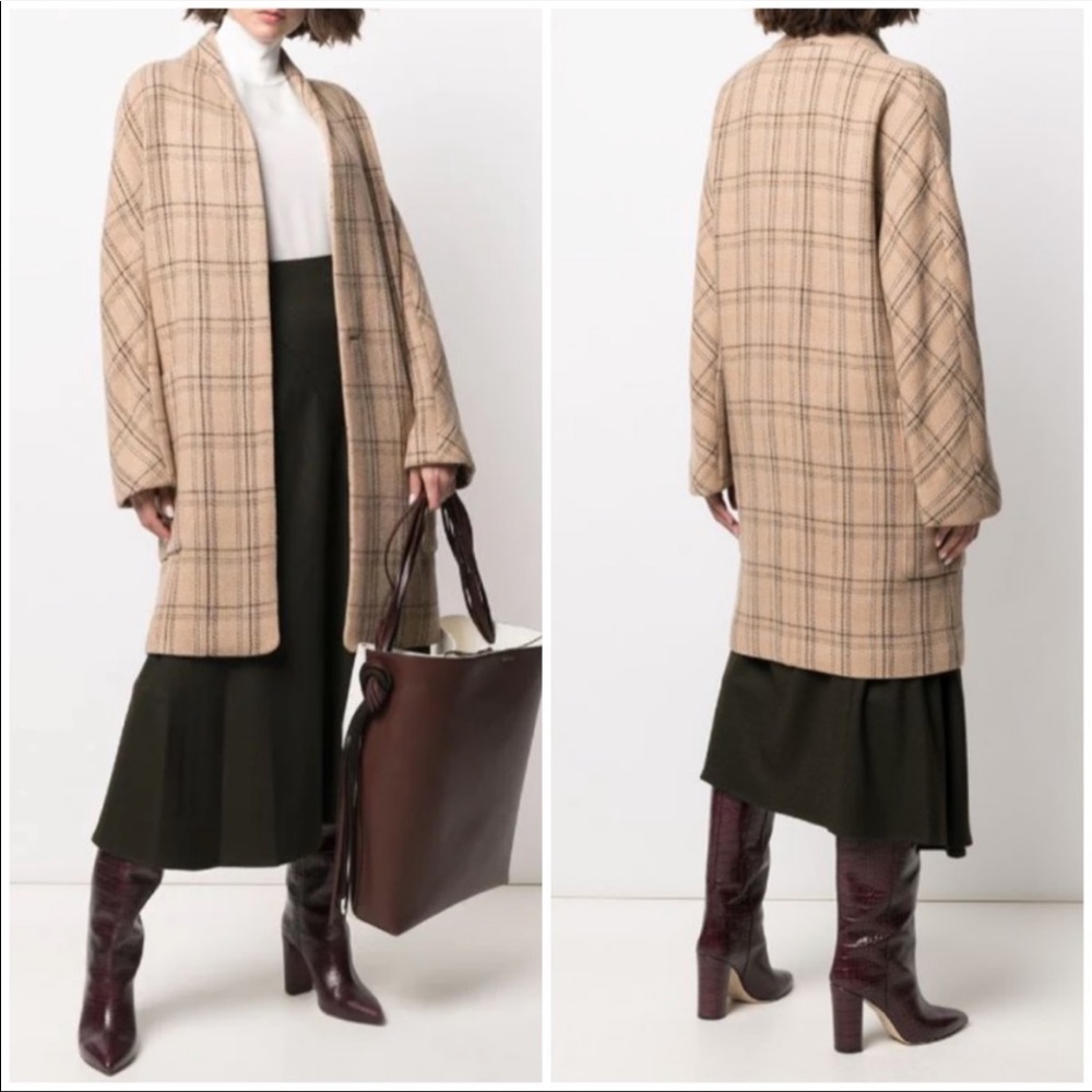 Vince Plaid Wool Blend Collarless Long Coat